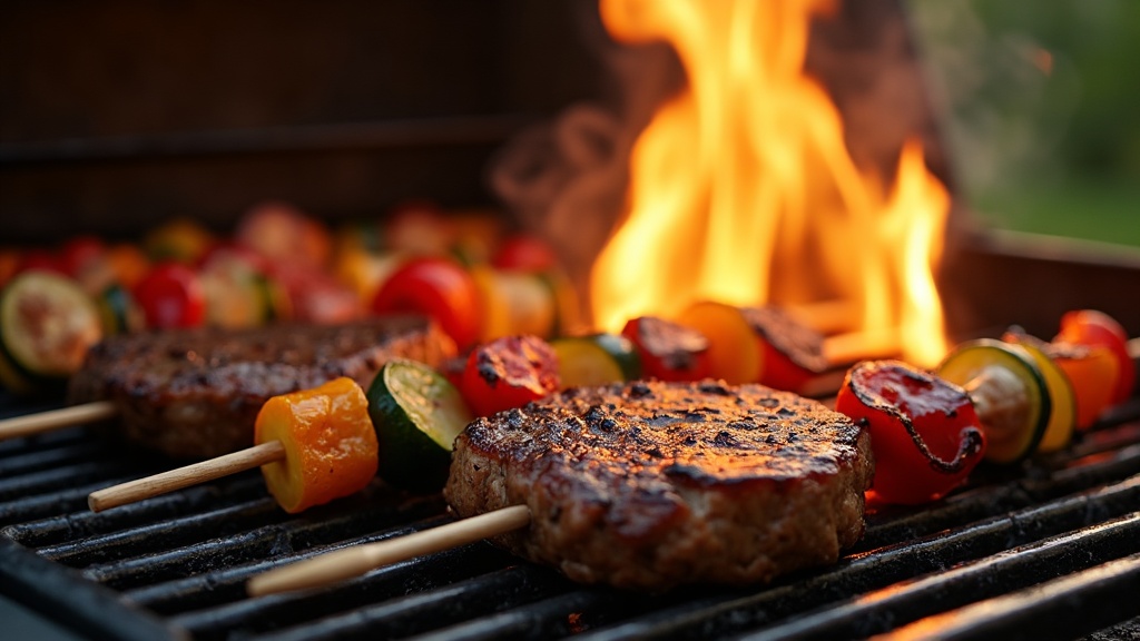 Steak és zöldségnyárs a Broil King grillrácsán, lángokkal