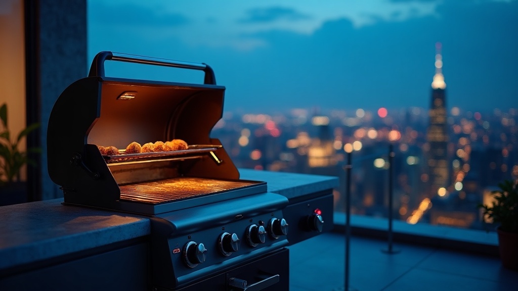 Broil King gázgrill tetőteraszon, esti városi panorámával